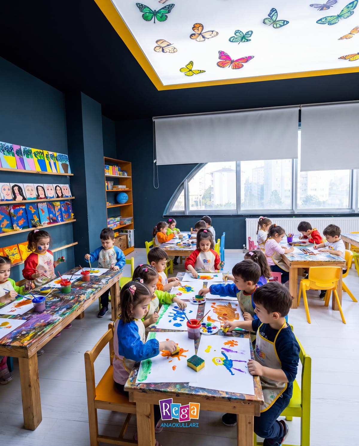 Kelebekli tavanın altında masalarda boya yapan çocuklar